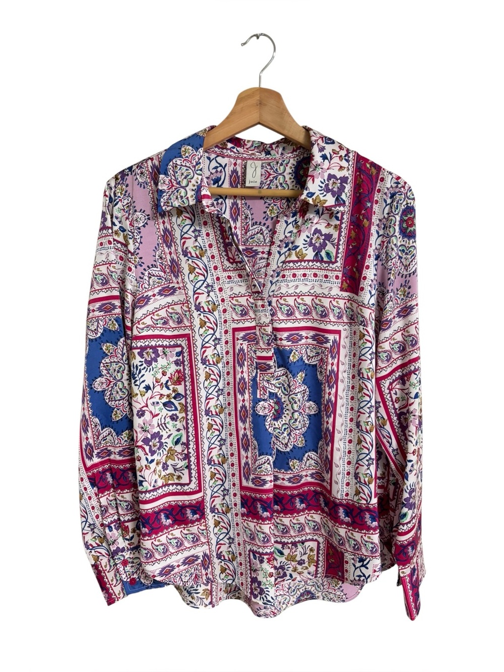 Joie vibrant colorful mixed floral paisley vacation long sleeve  satin top M